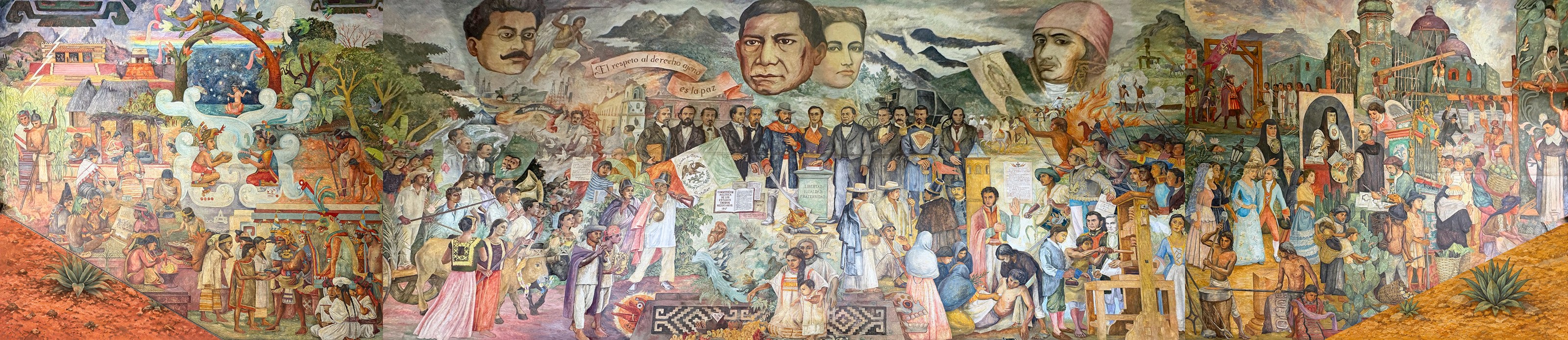 Panoramic view of Arturo García Bustos’s mural, with pre-Columbian Oaxaca at left, national history at center, and the colonial period at right