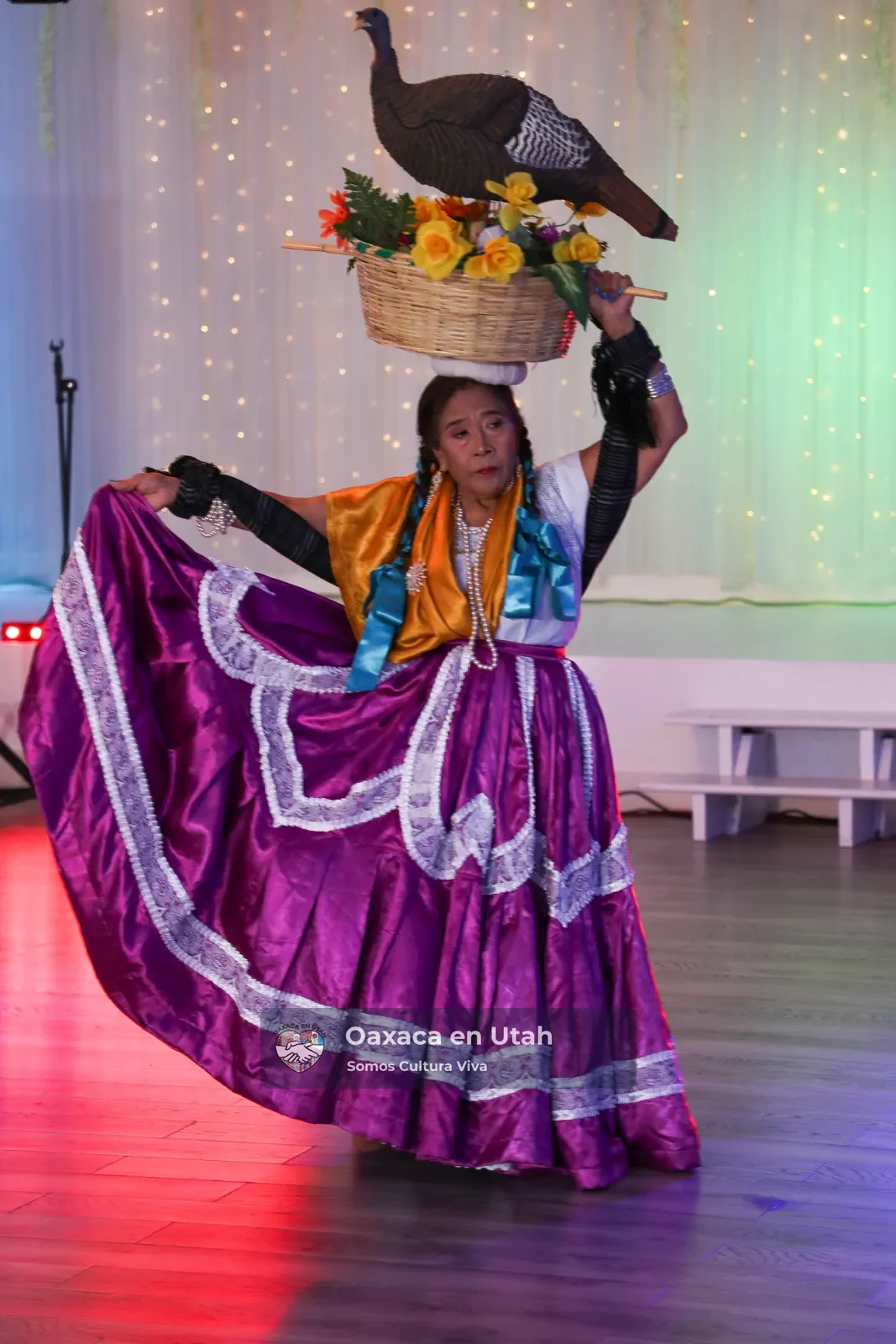 Chinas Oaxaqueñas clothing with a purple skirt and decorated basket at Fashion Show 2025