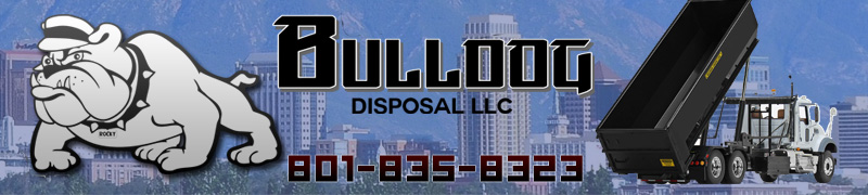 Bulldog Disposal LLC banner with the complete bulldog logo, company name, phone number, and roll-off truck
