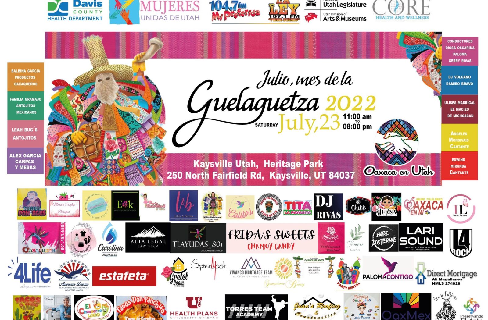 Cartel original de La Guelaguetza 2022 con la fecha del 23 de julio, la dirección de Heritage Park, arte cultural y logotipos de colaboradores