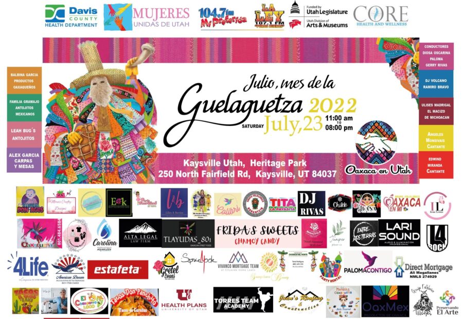 Original La Guelaguetza 2022 event banner with the July 23 date, Heritage Park address, cultural artwork, and supporter logos