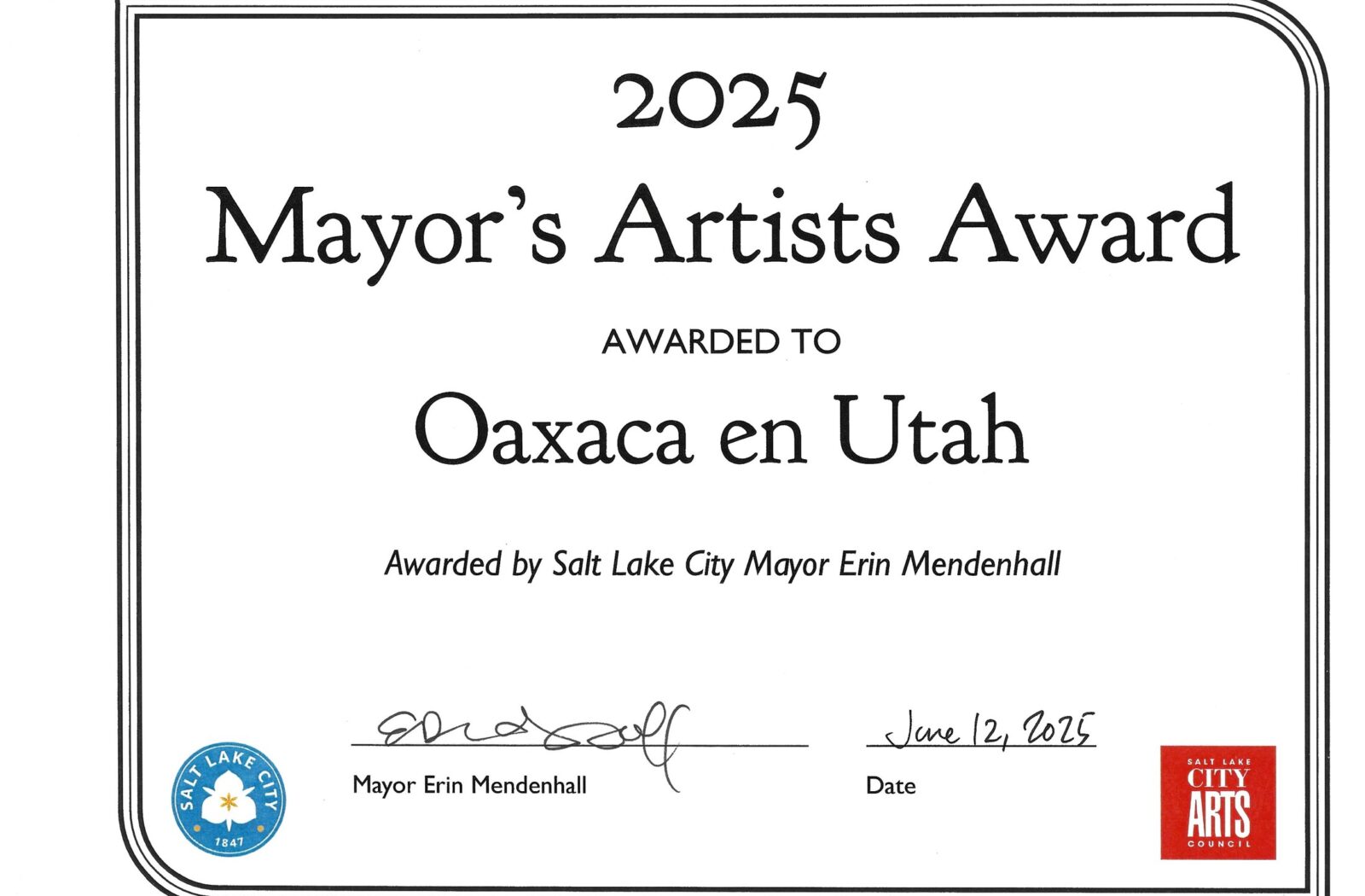 2025 Mayor's Artists Award certificate presented to Oaxaca en Utah by Salt Lake City Mayor Erin Mendenhall