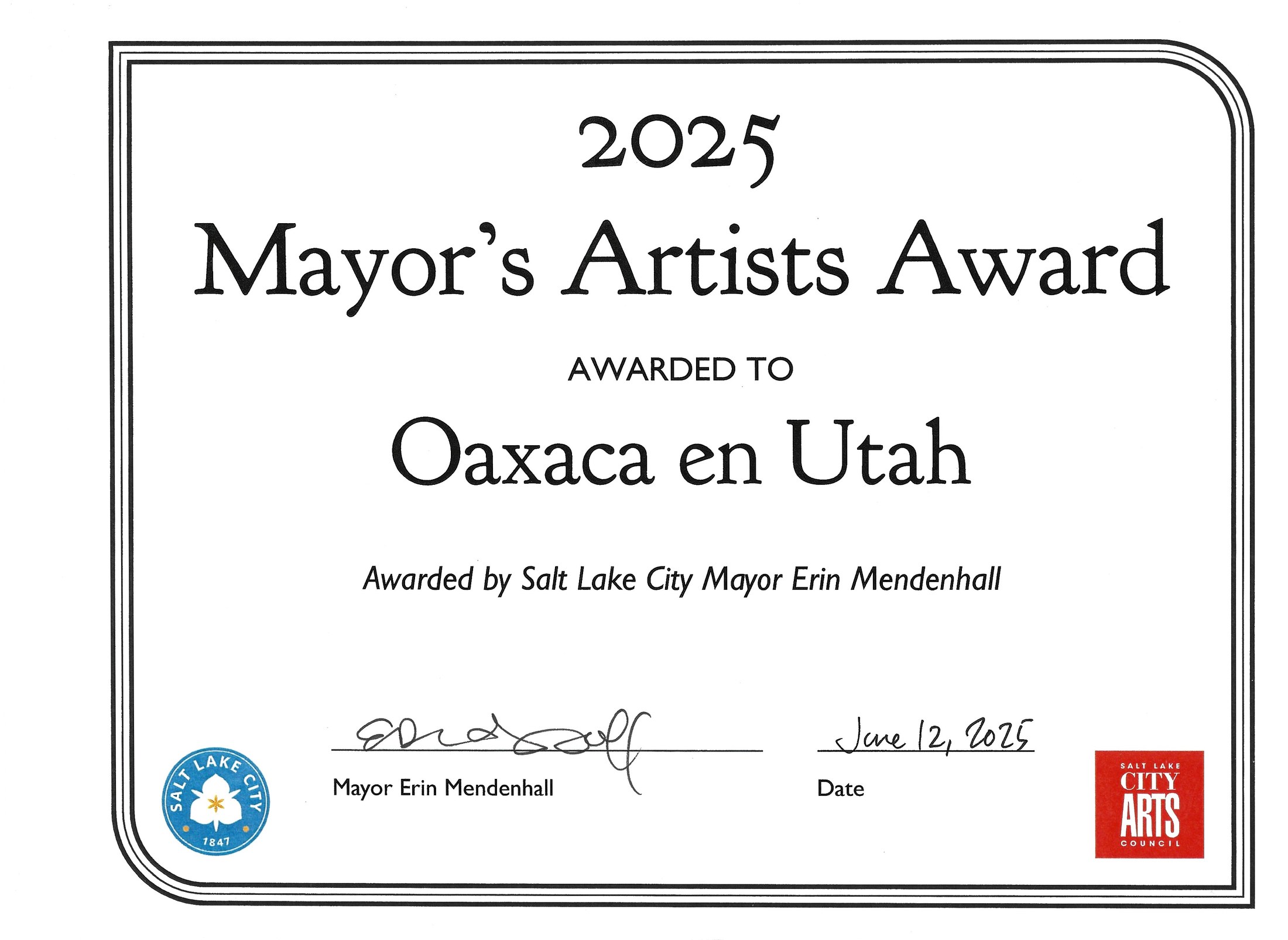 2025 Mayor's Artists Award certificate presented to Oaxaca en Utah by Salt Lake City Mayor Erin Mendenhall