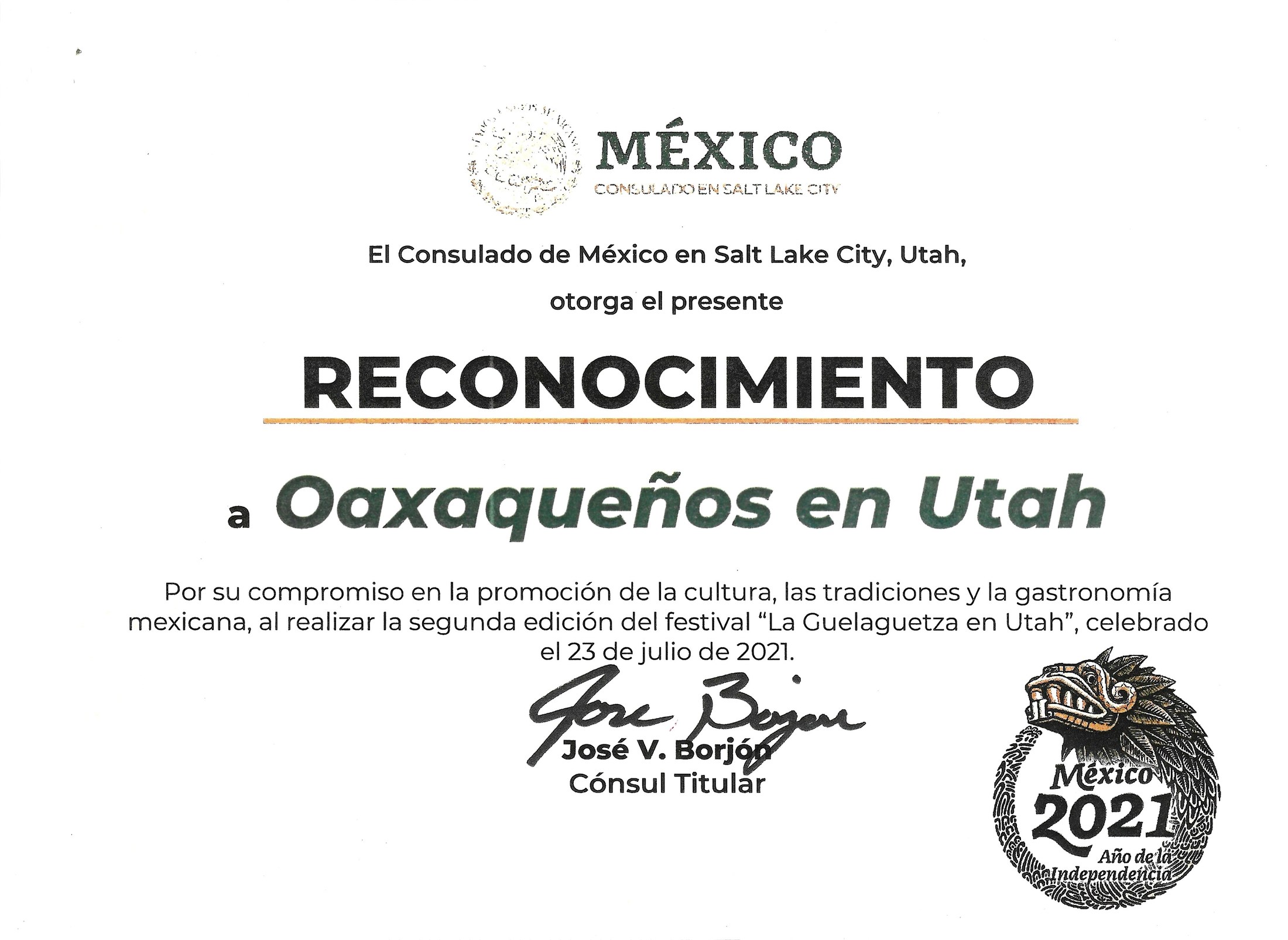 2021 recognition certificate from the Consulate of Mexico in Salt Lake City to Oaxaqueños en Utah