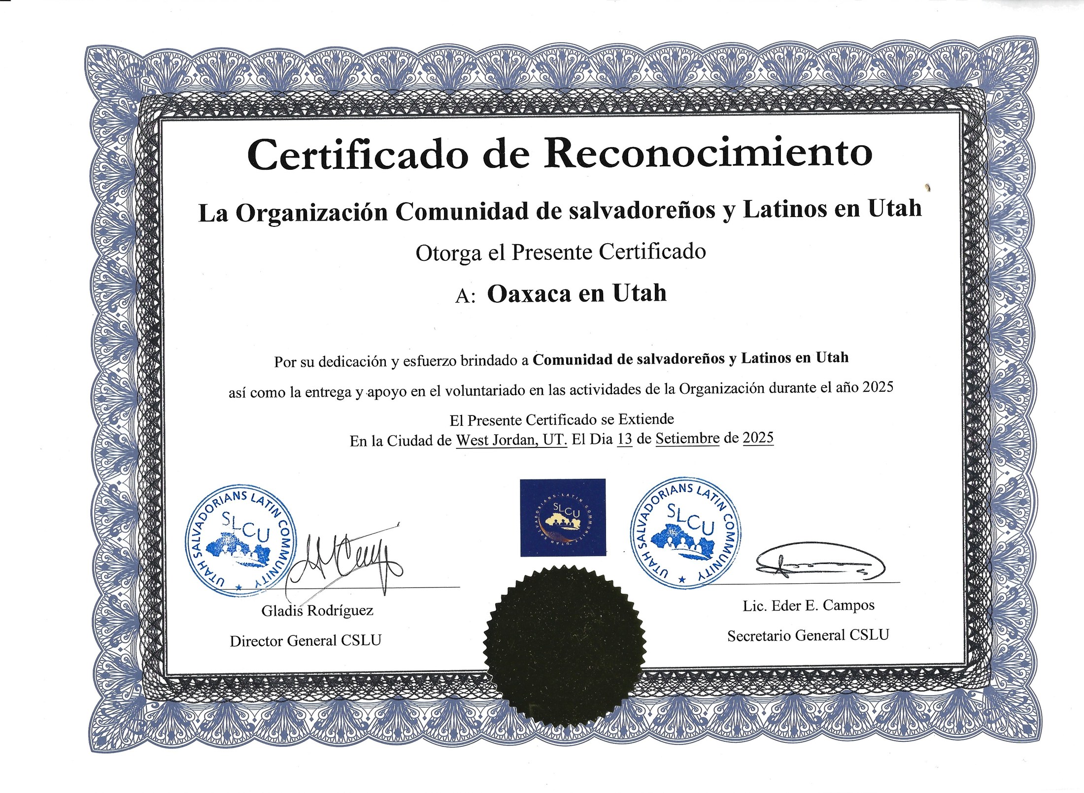September 2025 recognition certificate from Comunidad de Salvadoreños y Latinos en Utah to Oaxaca en Utah