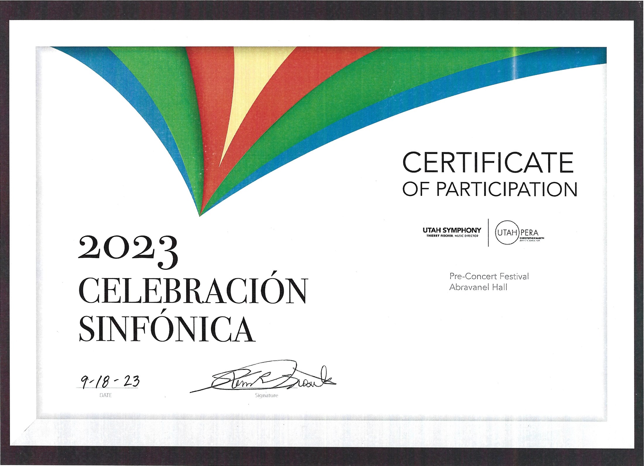 2023 Utah Symphony and Utah Opera Celebración Sinfónica certificate of participation