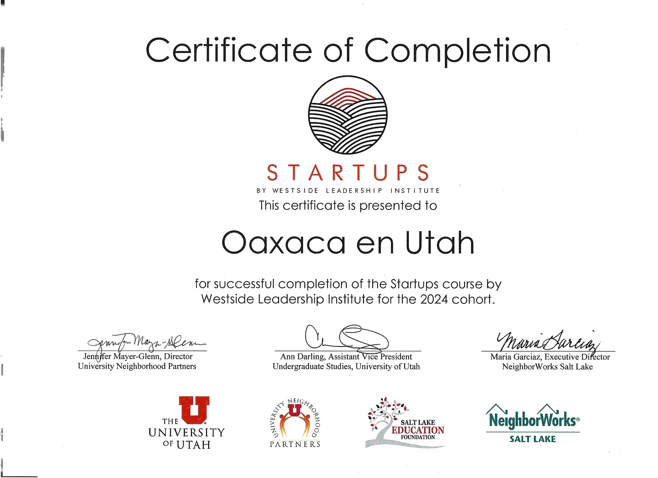 Westside Leadership Institute certificate for Oaxaca en Utah's completion of the 2024 Startups course